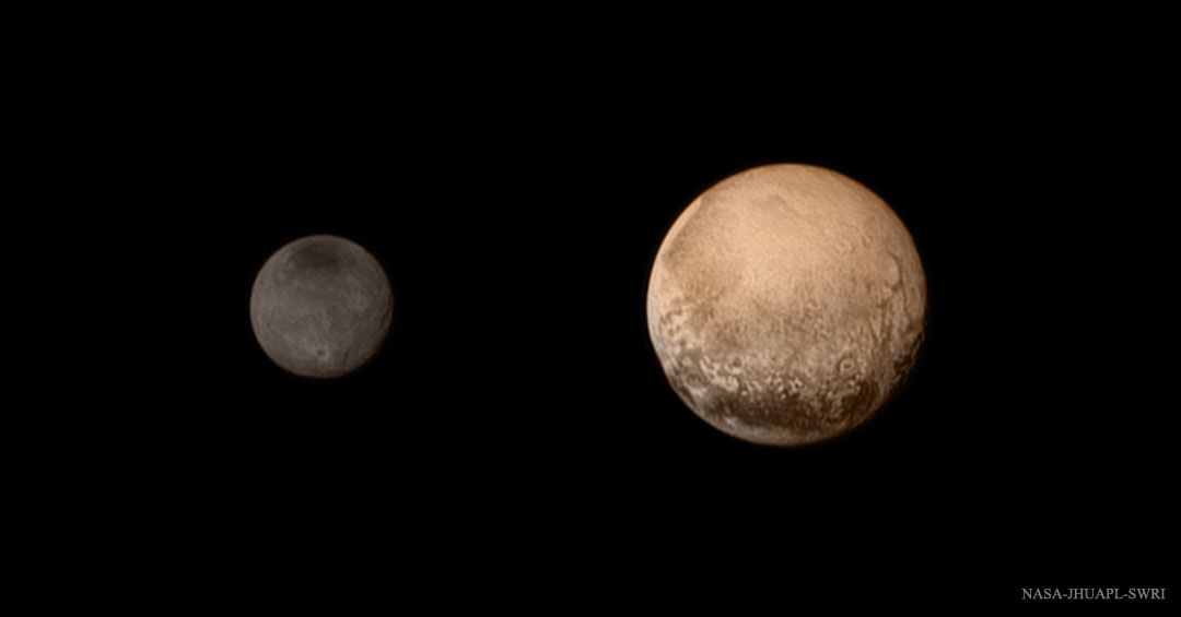 A portrait from the final approach of the New Horizons spacecraft to the Pluto system on July 11th, 2015. Pluto and Charon display striking color and brightness contrast in this composite image. Credit: NASA-JHUAPL-SWRI.