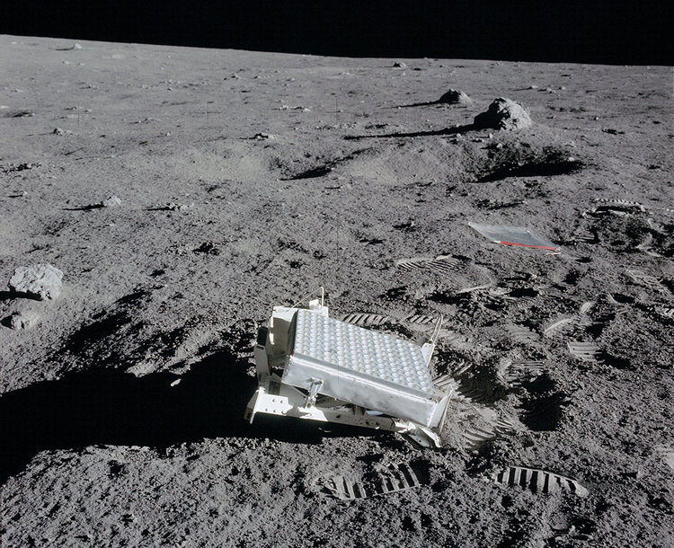 The Lunar Laser Ranging Experiment placed on the Moon by the Apollo 14 astronauts. Observatories beam a laser to the small array, which reflects a bit of the light back. Measuring the time delay yields the Moon’s distance to within about a millimete…