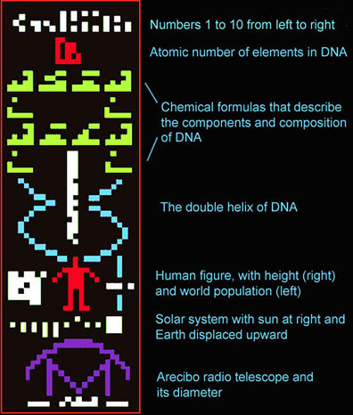 This is the digital message (annotated here) sent by Frank Drake to M13 in 1974 using the Arecibo radio telescope.