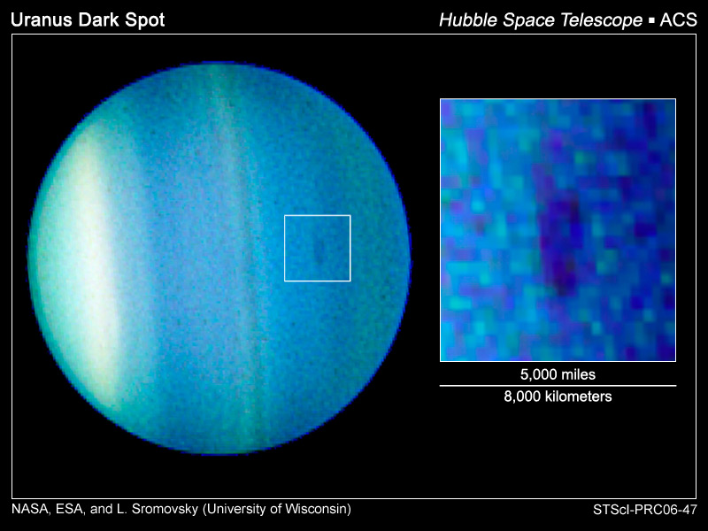 Close up of Uranus Dark Spot, taken by the Hubble Telescope. - Image Credit: NASA/ESA/HST