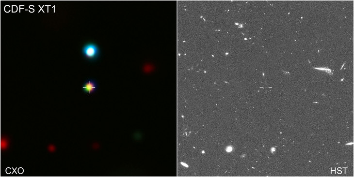 X-ray (left) and optical (right) images of the space around the X-ray source, made with Chandra and the Hubble Space Telescope, respectively. Credit: NASA/CXC/F. Bauer et al.