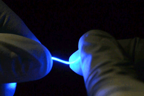 The fibers are not only stretchable but also very flexible. “They’re so floppy, you could use them to do sutures, and do light delivery at the same time,” professor Polina Anikeeva says. (Video: Chi (Alice) Lu and Seongjun Park)