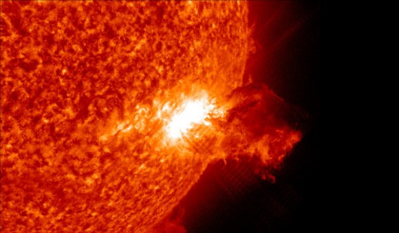 Our own Sun produces flares, but we are protected by our magnetosphere, and by the distance from the Sun to Earth. - Image Credit: NASA/ Solar Dynamics Observatory,