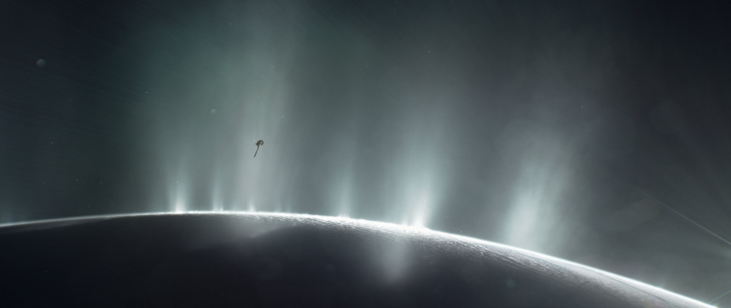 This illustration shows Cassini diving through the Enceladus plume in 2015. New ocean world discoveries from Cassini and Hubble will help inform future exploration and the broader search for life beyond Earth. - Image Credits: NASA/JPL-Caltech