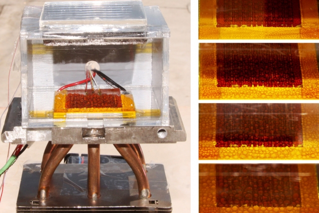 This proof-of-concept device, built at MIT, demonstrates a new system for extracting drinking water from the air. The sequence of images at right shows how droplets of water accumulate over time as the inside temperature increases while exposed to the sun. - Images courtesy of the researchers