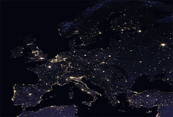 A glittering night-time map of Europe. Looks like there’s a Kraftwerk concert happening in Dusseldorf! NASA Earth Observatory - Images by Joshua Stevens, using Suomi NPP VIIRS data from Miguel Román, NASA’s Goddard Space Flight Cente