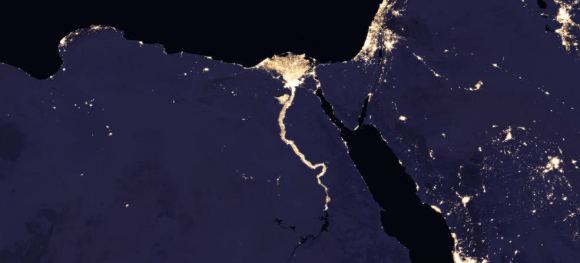 Composite image of Nile River and surrounding region at night, 2016. Credits: NASA Earth Observatory - Images by Joshua Stevens, using Suomi NPP VIIRS data from Miguel Román, NASA’s Goddard Space Flight Center