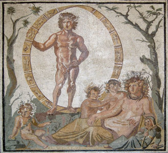 Large floor mosaic from a Roman villa in Sassoferrato, Italy (ca. 200–250 CE). Aion (Uranus), the god of eternity, stands above Tellus (Gaia) and her four children (the seasons). - Image Credit: Wikipedia Commons/Bibi Saint-Poi