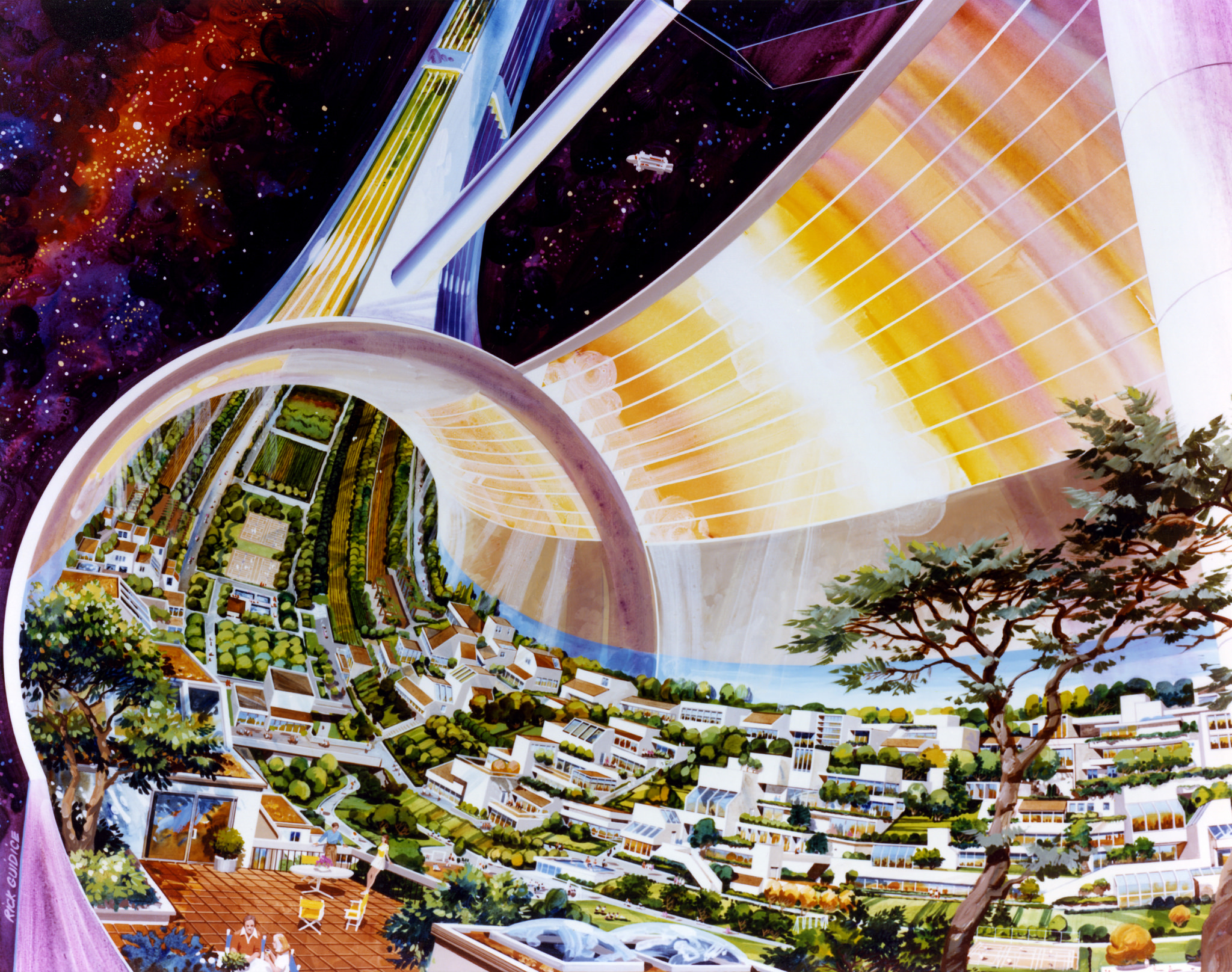 Three space colony summer studies were conducted at NASA Ames Research Center in the 1970s. A number of artistic renderings of the concepts were made, including this one showing a cutaway view of a fictional Toroidal (donut-shaped) Colony. Artwork: Rick Guidice. - Image Credits: NASA Ames Research Center (click to enlarge)