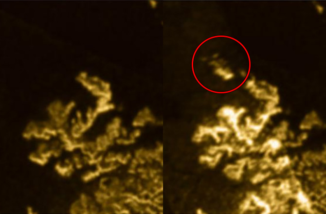 The appearing and disappearing feature observed in Titan's Lakes was dubbed "Magic Island". - Image Credit: NASA/JPL-Caltech/ASI/Cornell