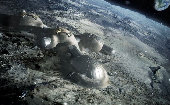 Multi-dome lunar base being constructed, based on the 3D printing concept. Once assembled, the inflated domes are covered with a layer of 3D-printed lunar regolith by robots to help protect the occupants against space radiation and micrometeoroids. - Image Credits: ESA/Foster + Partners
