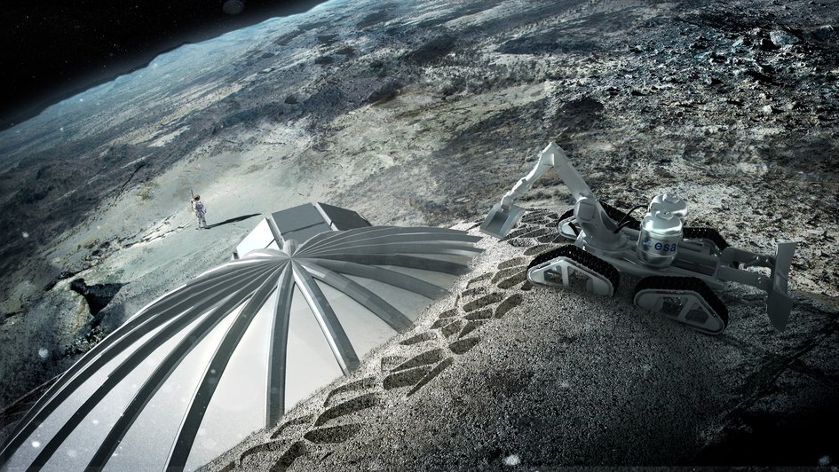 Multi-dome lunar base being constructed, based on the 3D printing concept. - Image Credits: ESA/Foster + Partners