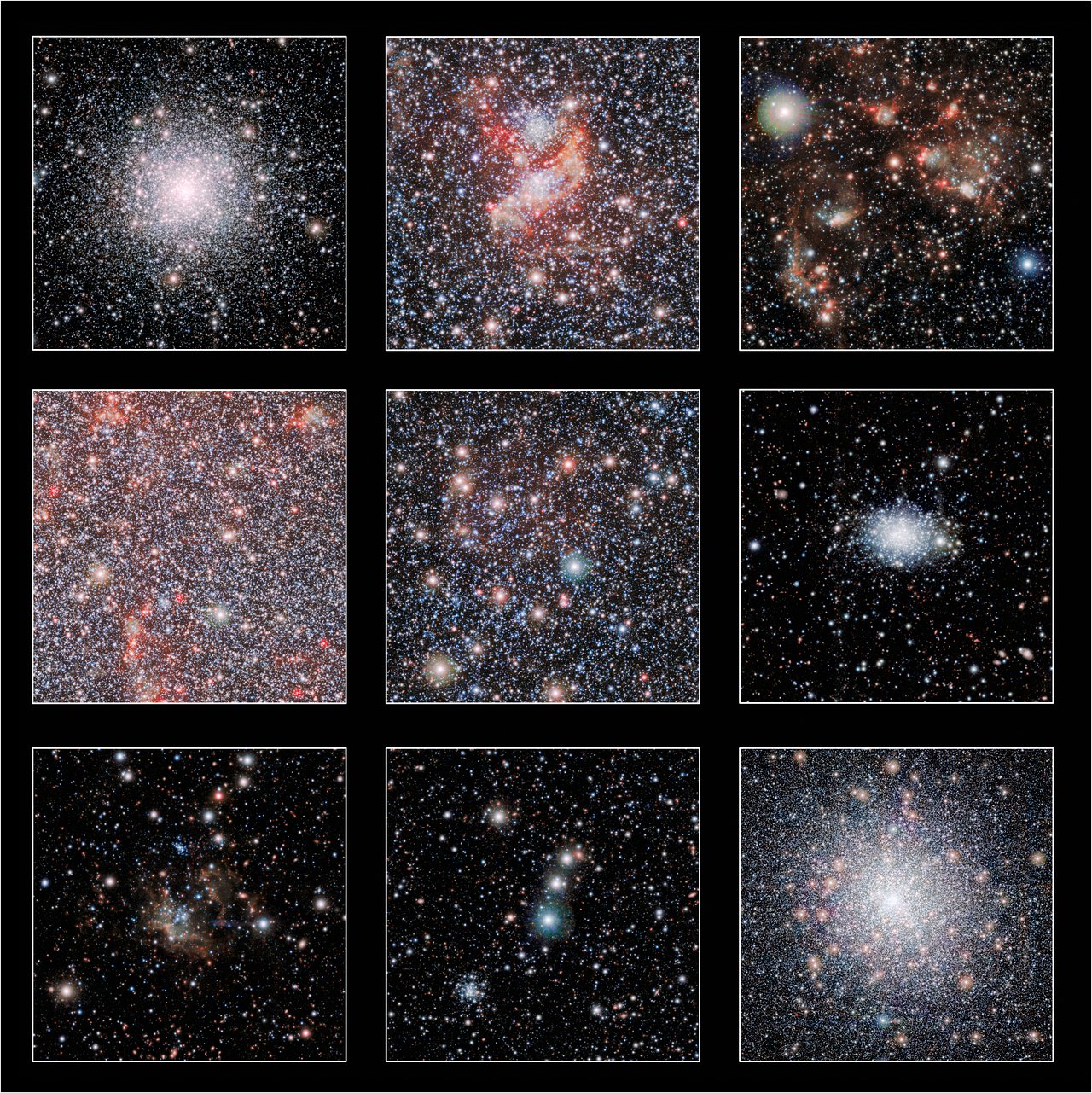 These cutout images show a few of the highlights from a huge new infrared image of our neighbouring galaxy, the Small Magellanic Cloud, that was taken with the VISTA telescope at ESO's Paranal Observatory. The lower-right panel shows the bright globular star cluster 47 Tucanae, which lies much closer to the Earth than the Small Magellanic Cloud. - Image Credit: ESO/VISTA VMC