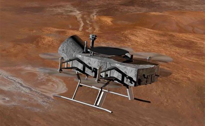 A proposed eight-bladed drone (aka. "dragonfly") could be ideally suited for exploring Saturn's moon Titan in the coming decades. - Image Credit: APL/Michael Carroll