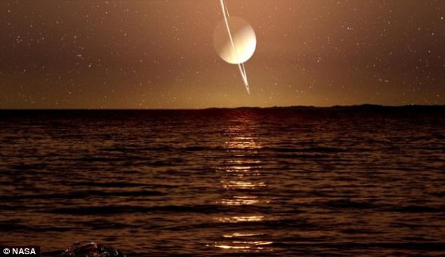 Artist’s impression of the view from the surface of Titan, looking over one of its methane seas - Image Credit: NASA