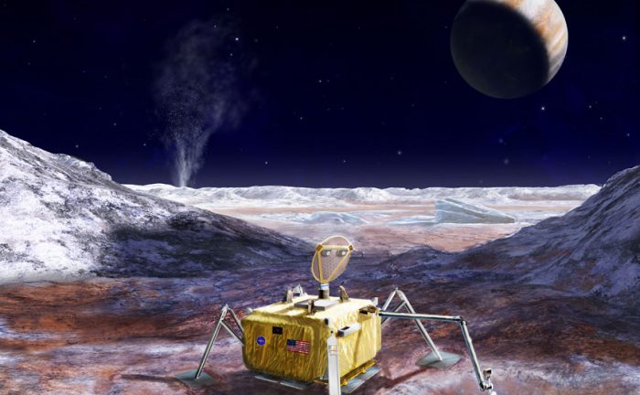 Artist's rendering of a possible Europa Lander mission, which would explore the surface of the icy moon in the coming decades. - Image Credit:: NASA/JPL-Caltech