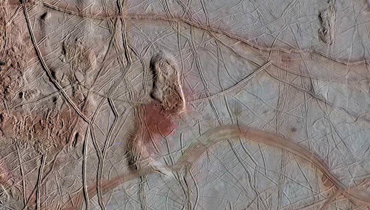 Image of Europa’s ice shell, taken by the Galileo spacecraft, of fractured “chaos terrain”. - Image Credit: NASA/JPL-Caltech
