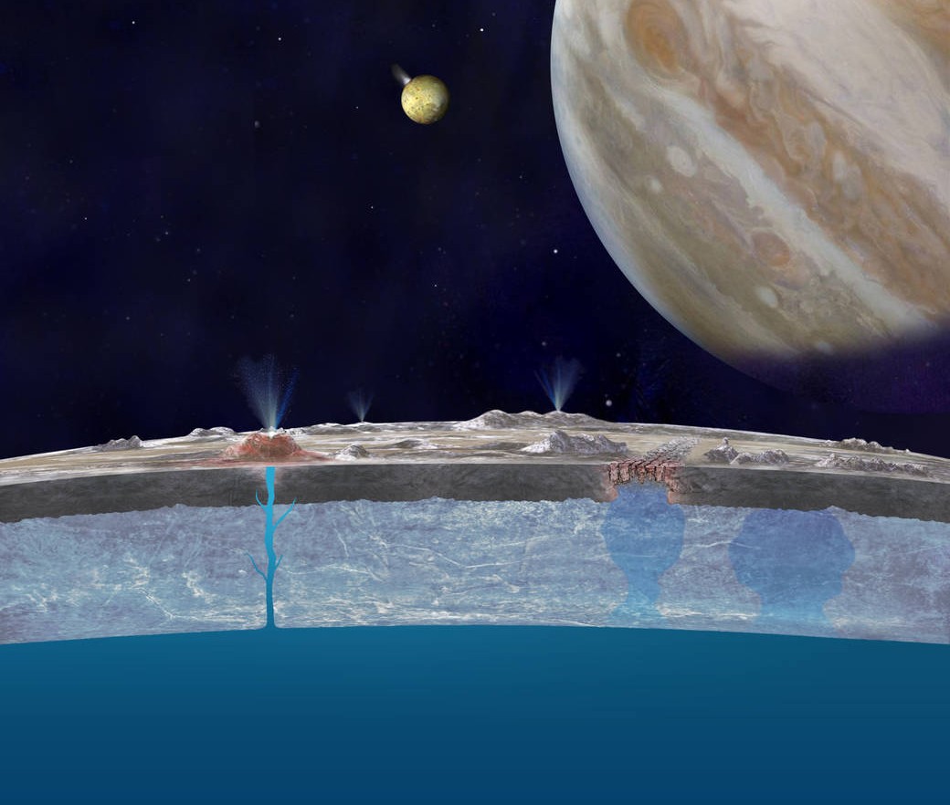 Artist’s concept of chloride salts bubbling up from Europa’s liquid ocean and reaching the frozen surface. - Image Credit: NASA/JPL-Caltech