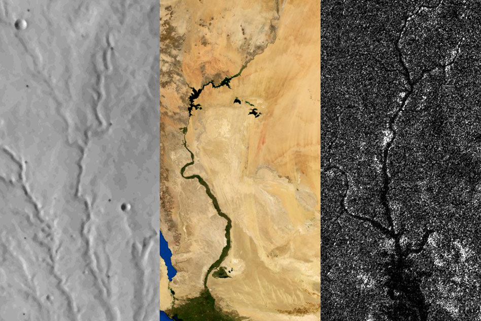 Left to right: River networks on Mars, Earth, and Titan. Researchers report that Titan, like Mars but unlike Earth, has not undergone any active plate tectonics in its recent past. - Image Credit: Benjamin Black/NASA/Visible Earth/JPL/Cassini RADAR team. Adapted from images from NASA Viking, NASA/Visible Earth, and NASA/JPL/Cassini RADAR team
