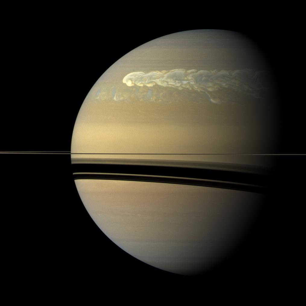 During its seven-year Solstice Mission, Cassini watched as a huge storm erupted and encircled Saturn. Scientists think storms like this are related, in part, to seasonal effects of sunlight on Saturn's atmosphere. - Imahe Credits: NASA/JPL/Space Science Institute
