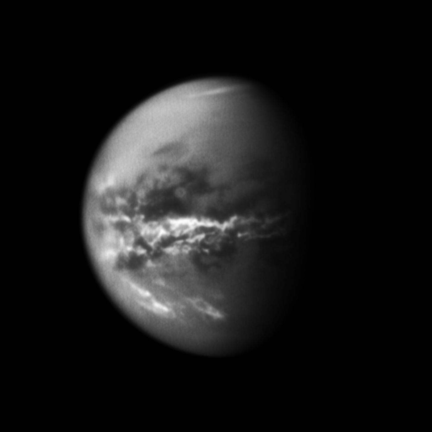 Following Saturnian equinox in 2009, Cassini observed cloud activity on Titan shift from southern latitudes toward the equator, and eventually to the high north. Such observations have provided evidence of seasonal shifts in Titan's weather systems. - Imahe Credits: NASA/JPL/Space Science Institute
