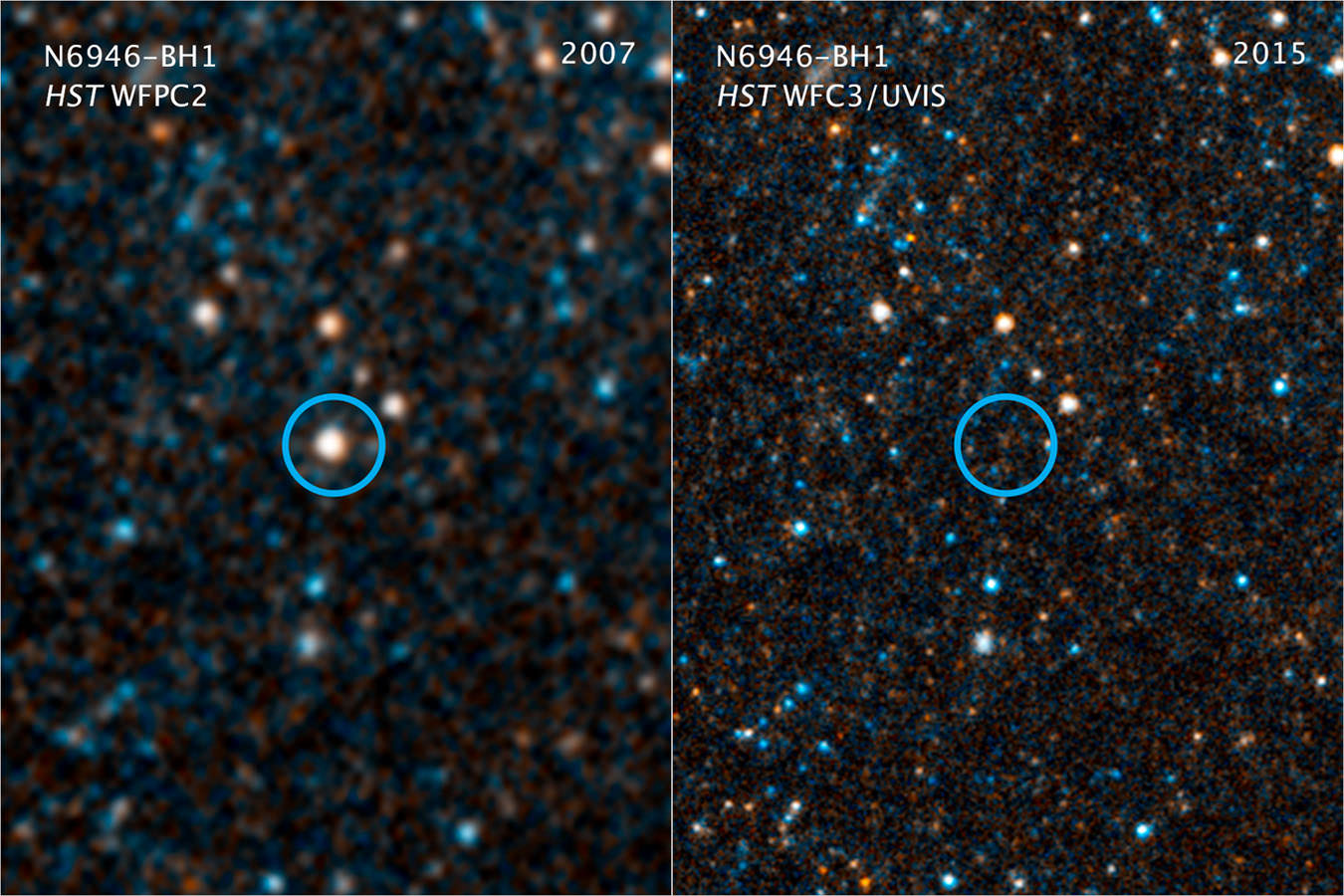 Visible-light and near-infrared photos from NASA’s Hubble Space Telescope showing the giant star N6946-BH1 before and after it vanished out of sight by imploding to form a black hole. - Image Credit: NASA/ESA/C. Kochanek (OSU)