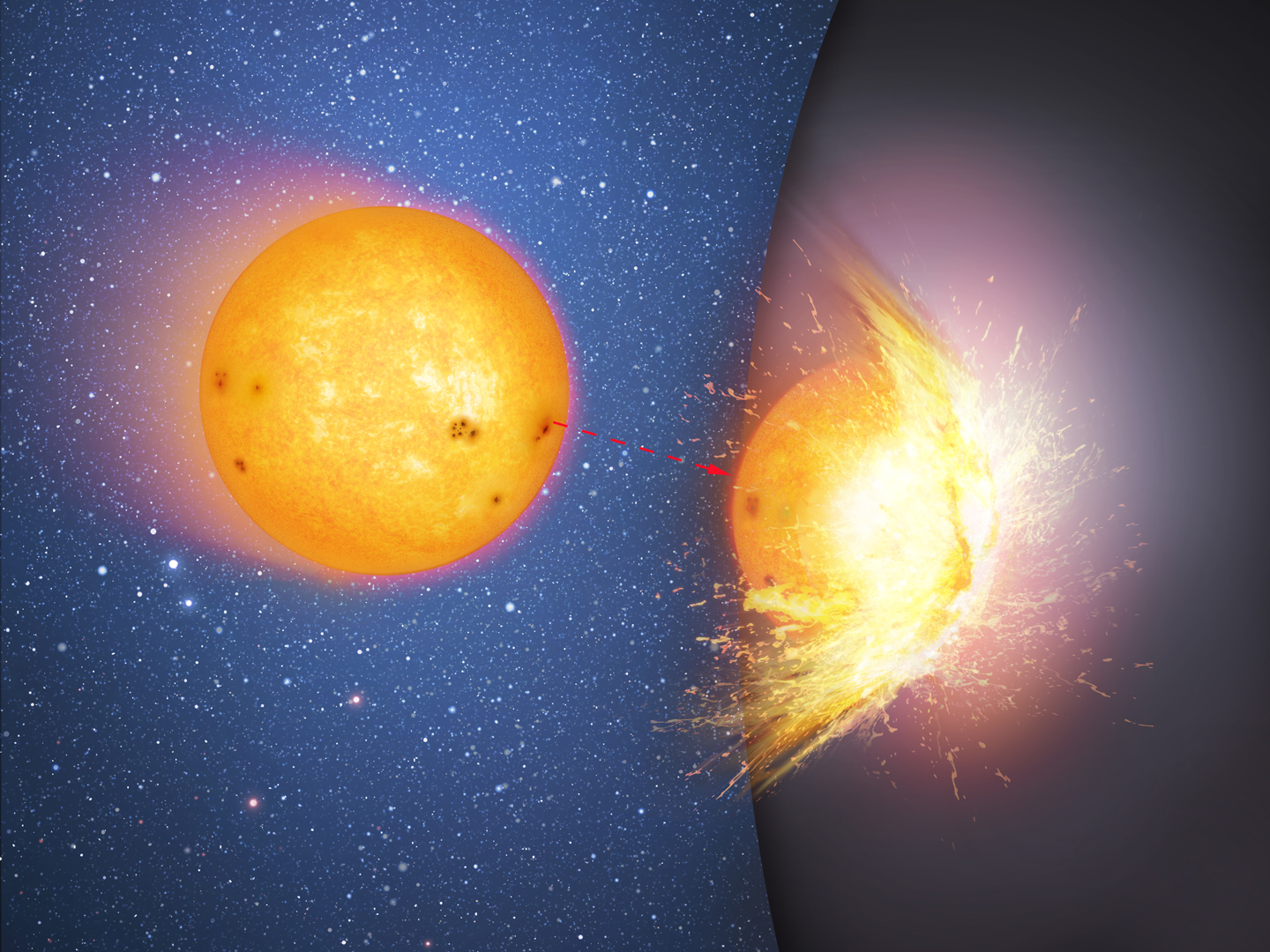 This is the first in a sequence of two artist's impressions that shows a huge, massive sphere in the center of a galaxy, rather than a supermassive black hole. Here a star moves towards and then smashes into the hard surface of the sphere, flinging out debris. The impact heats up the site of the collision. - Image Credit: Mark A. Garlick/CfA