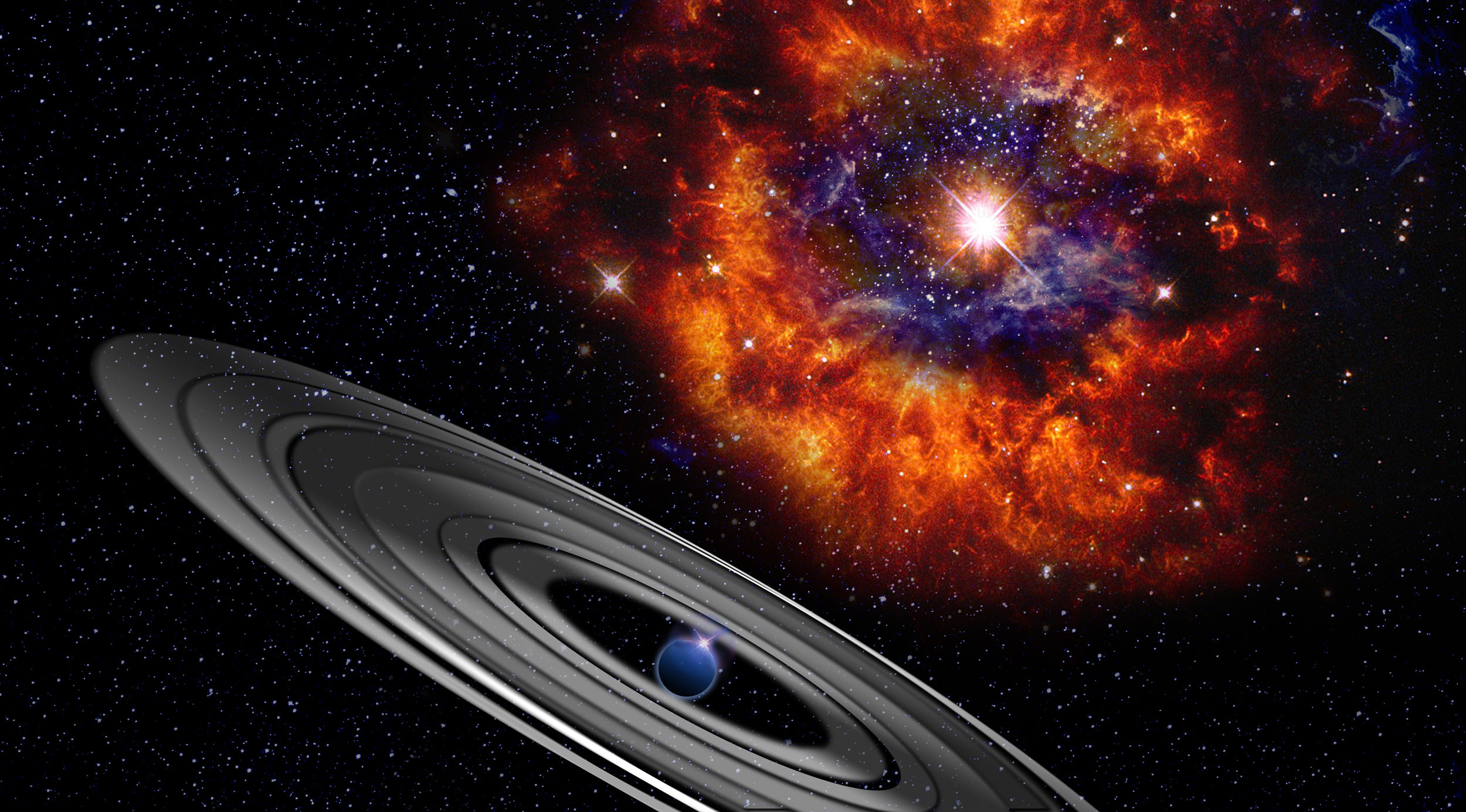 Artist's impression of the giant gas planet orbiting the star PDS 110 - Image Credit University of Warwick - (click to enlarge)