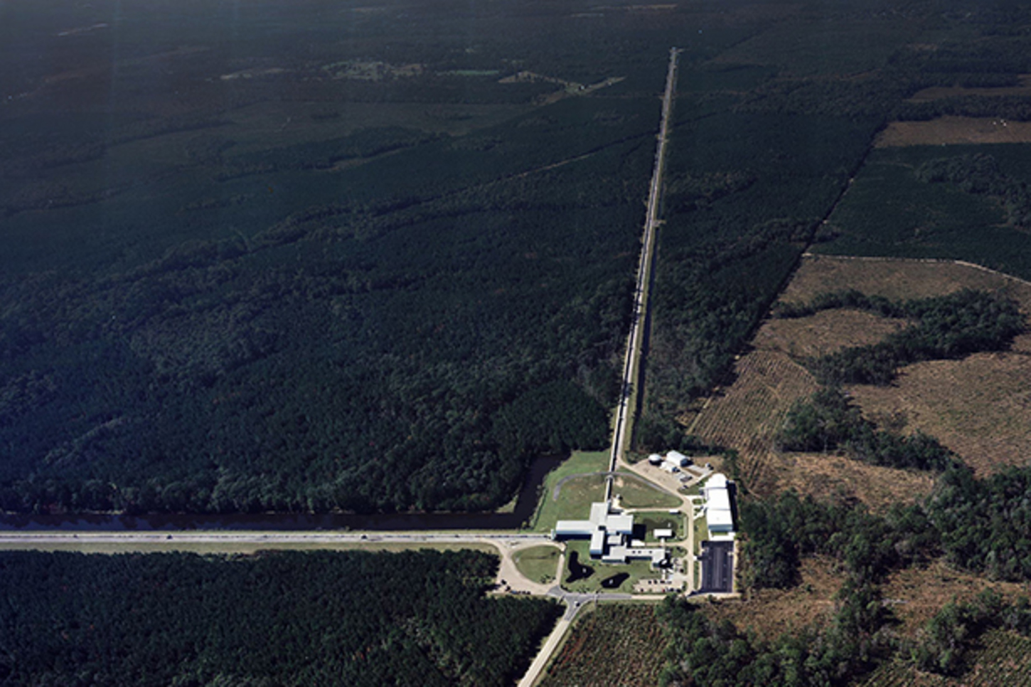 Aerial view of the LIGO gravitational wave detector in Livingston, Louisiana. LIGO , CC BY-NC-ND