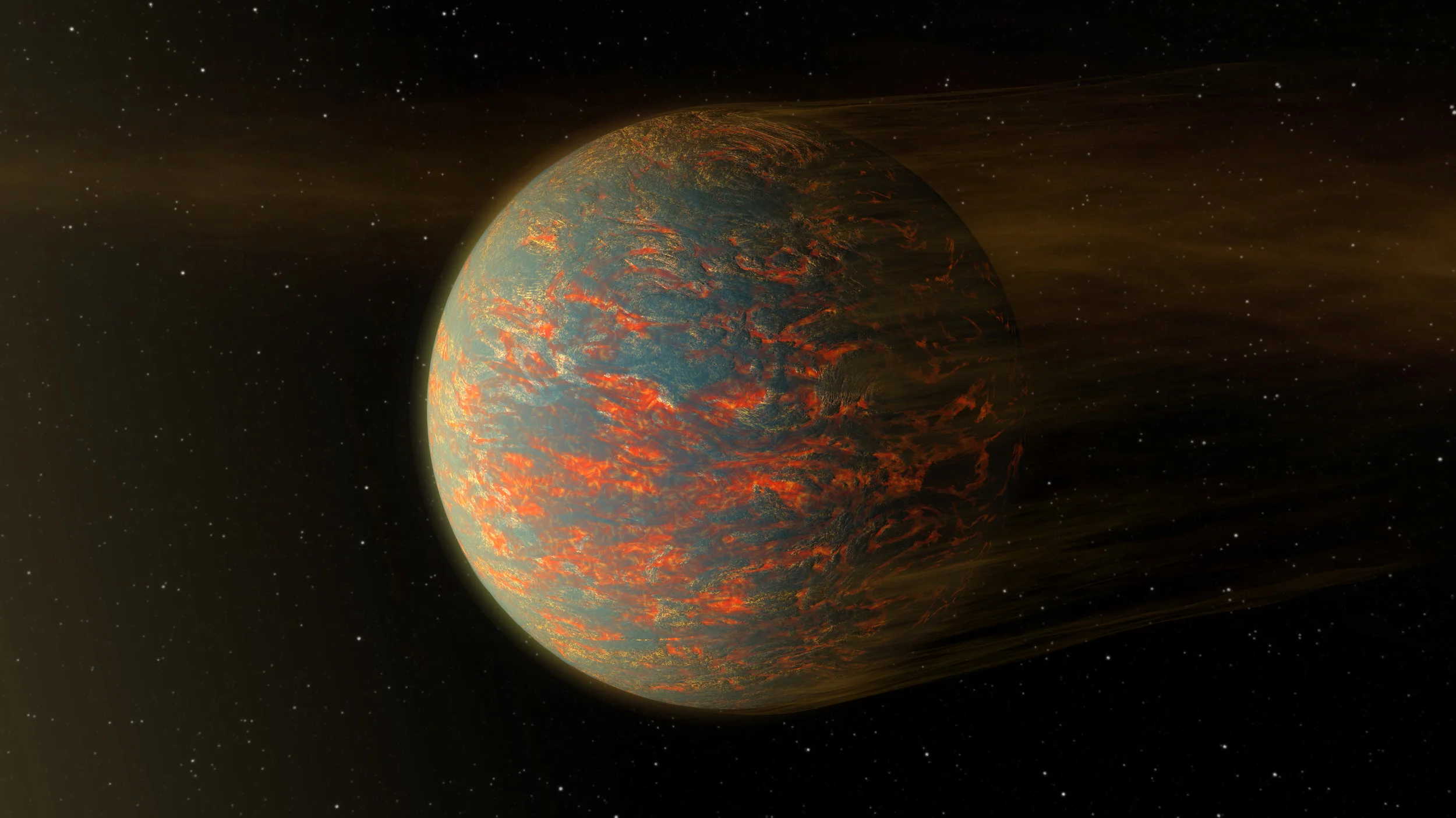 This illustration shows one possible scenario for the hot, rocky exoplanet called 55 Cancri e, which is nearly two times as wide as Earth. Robert Hurt created this in 2016. - Image Credits: NASA/JPL-Caltech