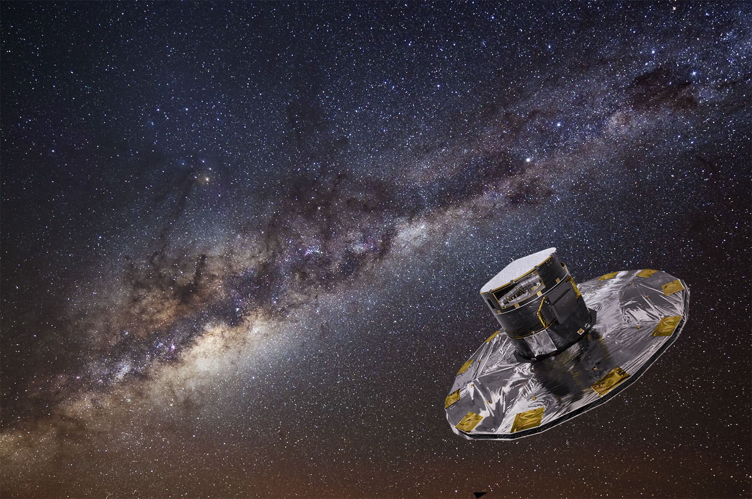 Artist’s conception of the Gaia telescope backdropped by a photograph of the Milky Way taken at the European Southern Observatory. - Image Credit: ESA/ATG medialab; background: ESO/S. Brunier