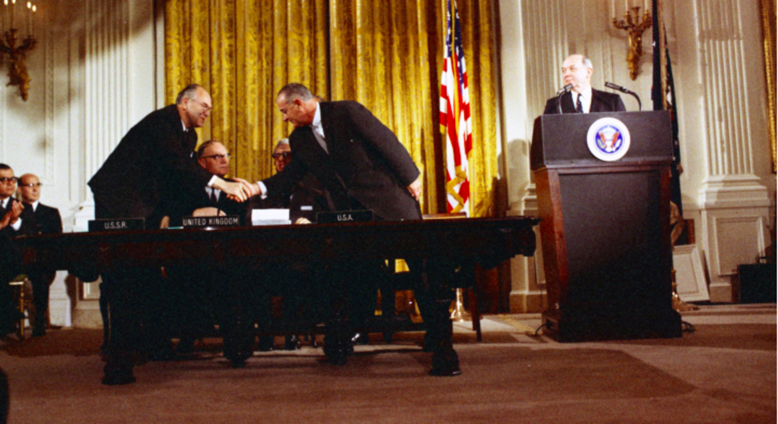 President Lyndon B. Johnson and USSR Ambassador Anatoly Dobrynin shaking hands at the signing ceremony for the Outer Space Treaty, January 27, 1967. Courtesy of the National Archives and Records Administration, via Digital Public Library of America , CC BY