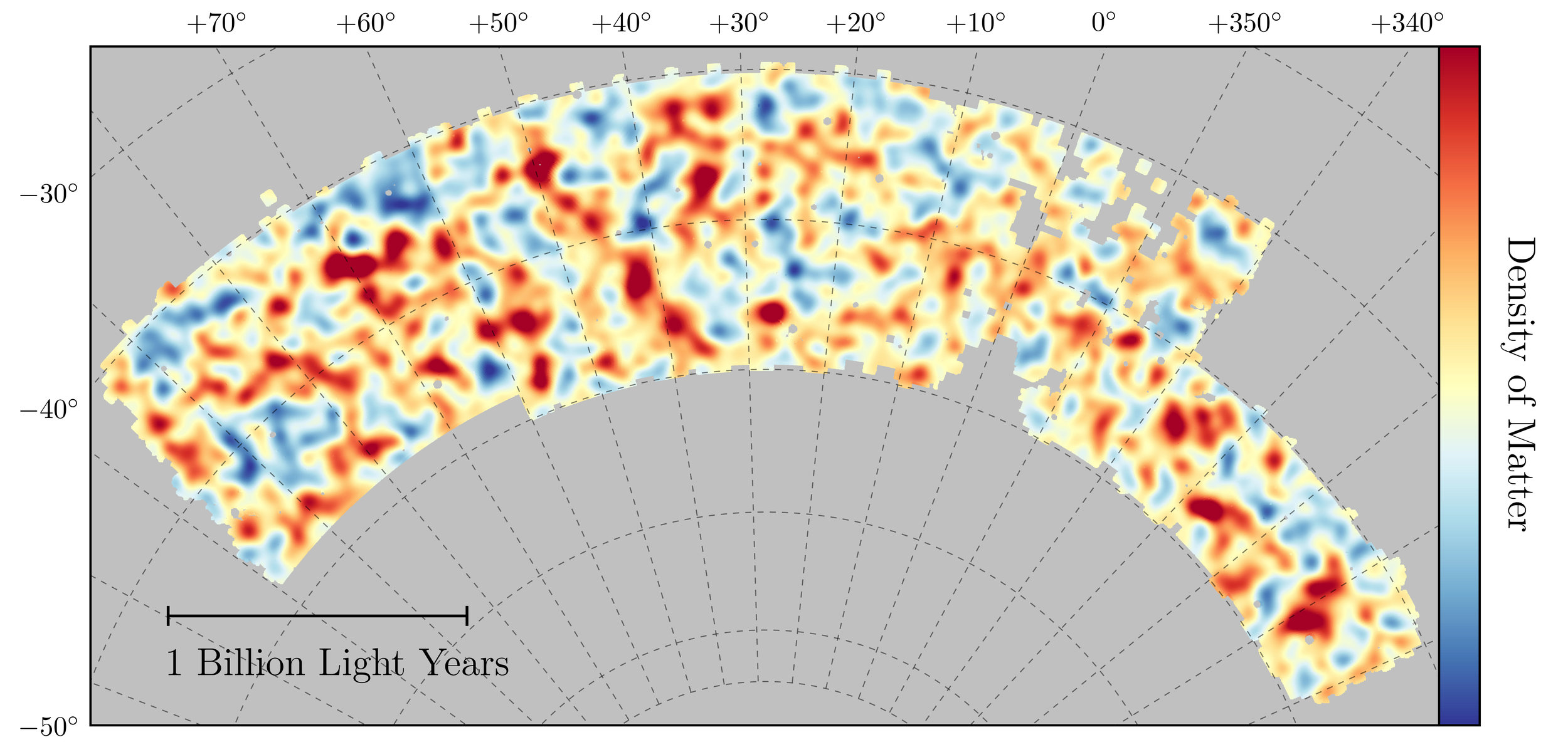 Map of dark matter made from gravitational lensing measurements of 26 million galaxies in the Dark Energy Survey. The map covers about 1/30th of the entire sky and spans several billion light years in extent. Red regions have more dark matter than average, blue regions less dark matter. - Image Credits: Chihway Chang/Kavli Institute for Cosmological Physics at the University of Chicago/DES Collaboration