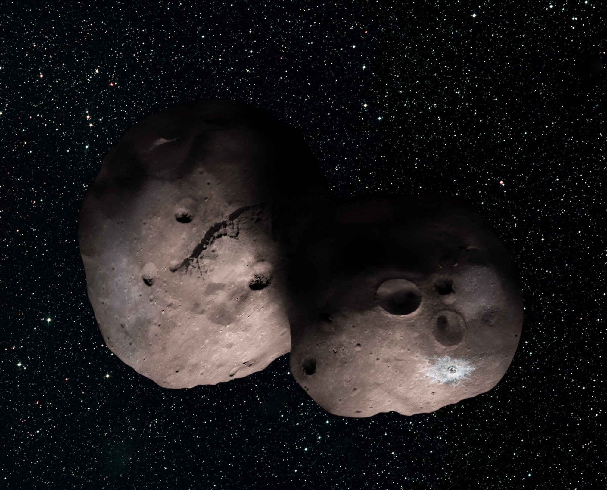 One artist’s concept of Kuiper Belt object 2014 MU69, the next flyby target for NASA’s New Horizons mission. This binary concept is based on telescope observations made at Patagonia, Argentina on July 17, 2017 when MU69 passed in front of a star. New Horizons theorize that it could be a single body with a large chunk taken out of it, or two bodies that are close together or even touching. - Image Credits: NASA/JHUAPL/SwRI/Alex Parker