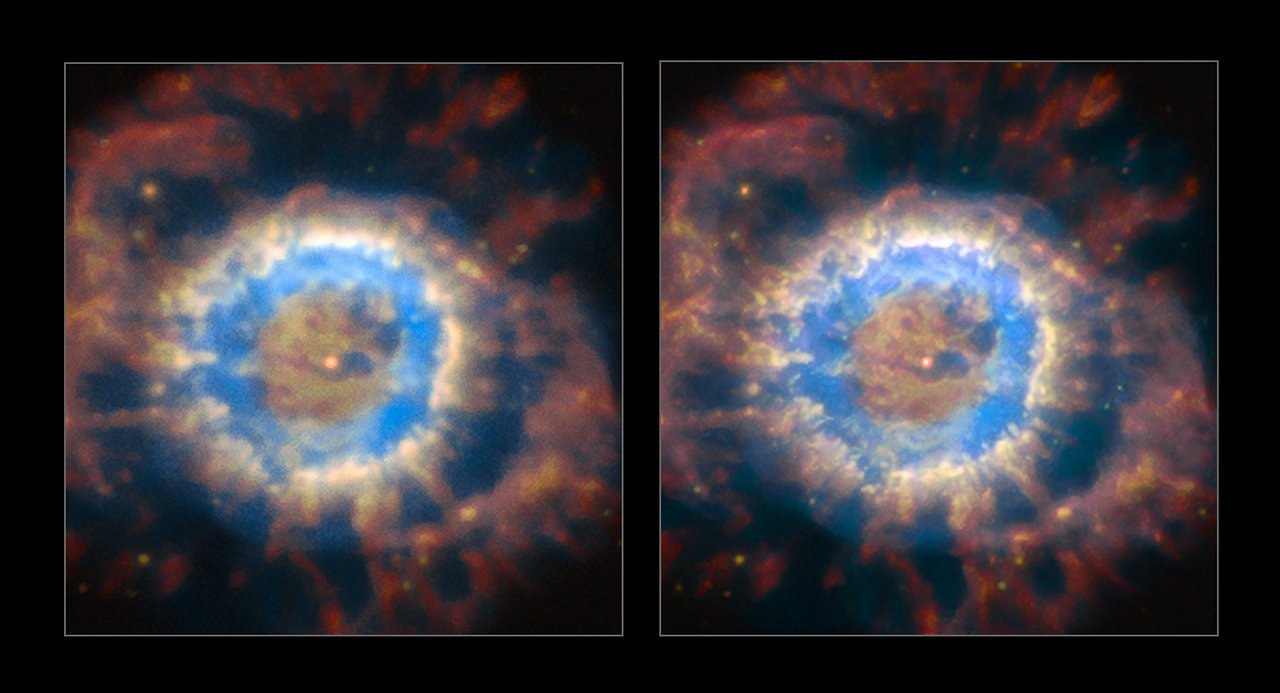 The planetary nebula NGC 6369 seen with natural seeing (left) and when the AOF is providing ground layer correction of the turbulent atmosphere (right). The AOF provides much sharper view of celestial objects and enables access to much finer and fainter structures. - Image Credit: ESO/P. Weilbacher (AIP)