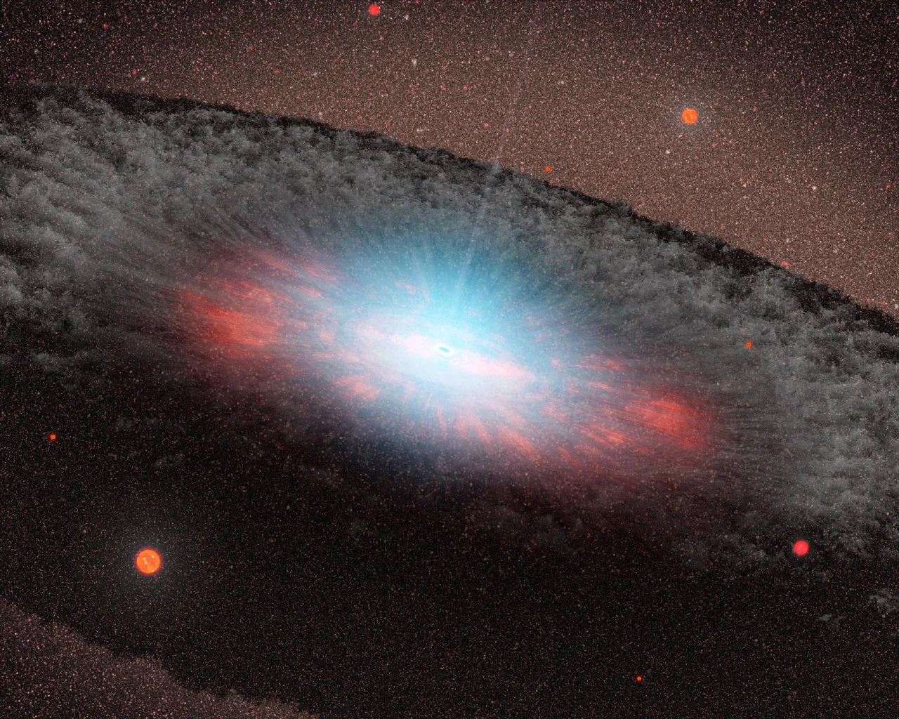 This artist's concept depicts a supermassive black hole at the center of a galaxy - Image Credit: NASA/JPL-Caltech