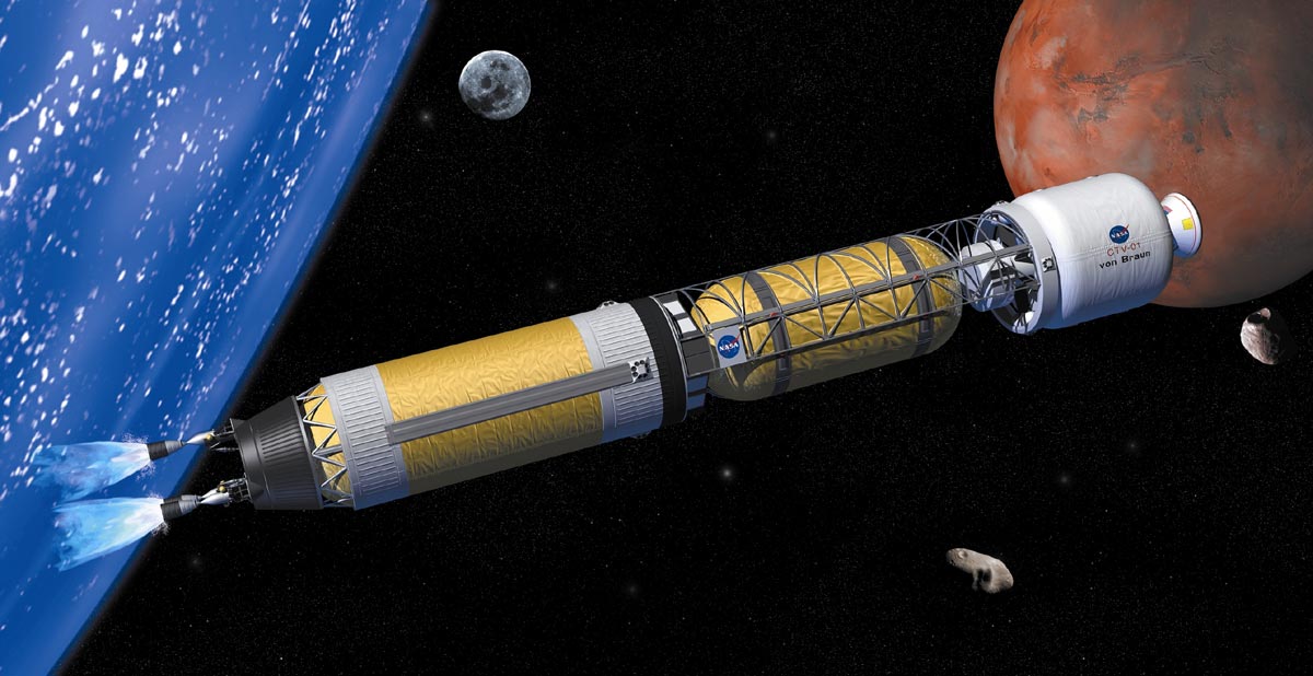 Artist's concept of a bimodal nuclear rocket making the journey to the Moon, Mars, and other destinations in the Solar System. - Image Credit: NASA