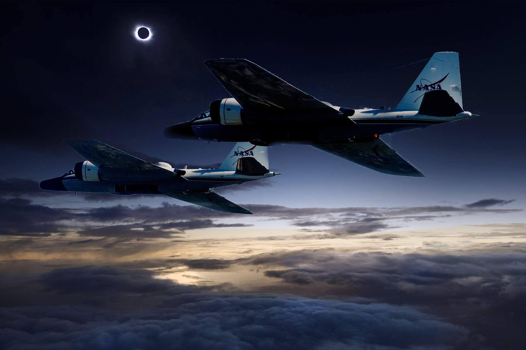 (Photo illustration) During the upcoming total solar eclipse, a team of NASA-funded scientists will observe the solar corona using stabilized telescopes aboard two of NASA’s WB-57F research aircraft. This vantage point provides distinct advantages over ground-based observations, as illustrated by this composite photo of the aircraft and the 2015 total solar eclipse at the Faroe Islands. - Image Credits: NASA/Faroe Islands/SwRI