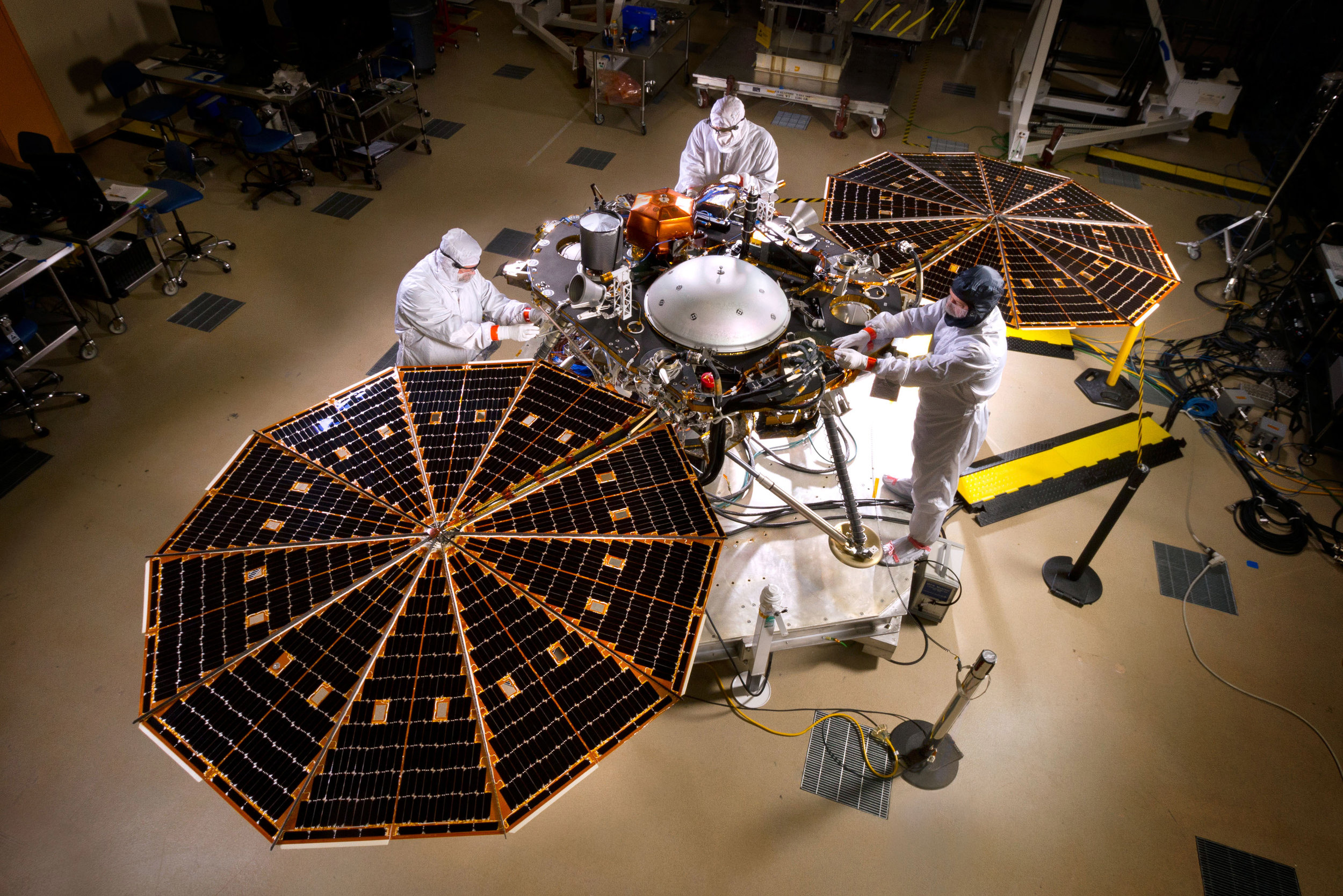 NASA’s InSight Mars lander spacecraft in a Lockheed Martin clean room near Denver. - Image Credit: NASA/JPL-Caltech/Lockheed Martin