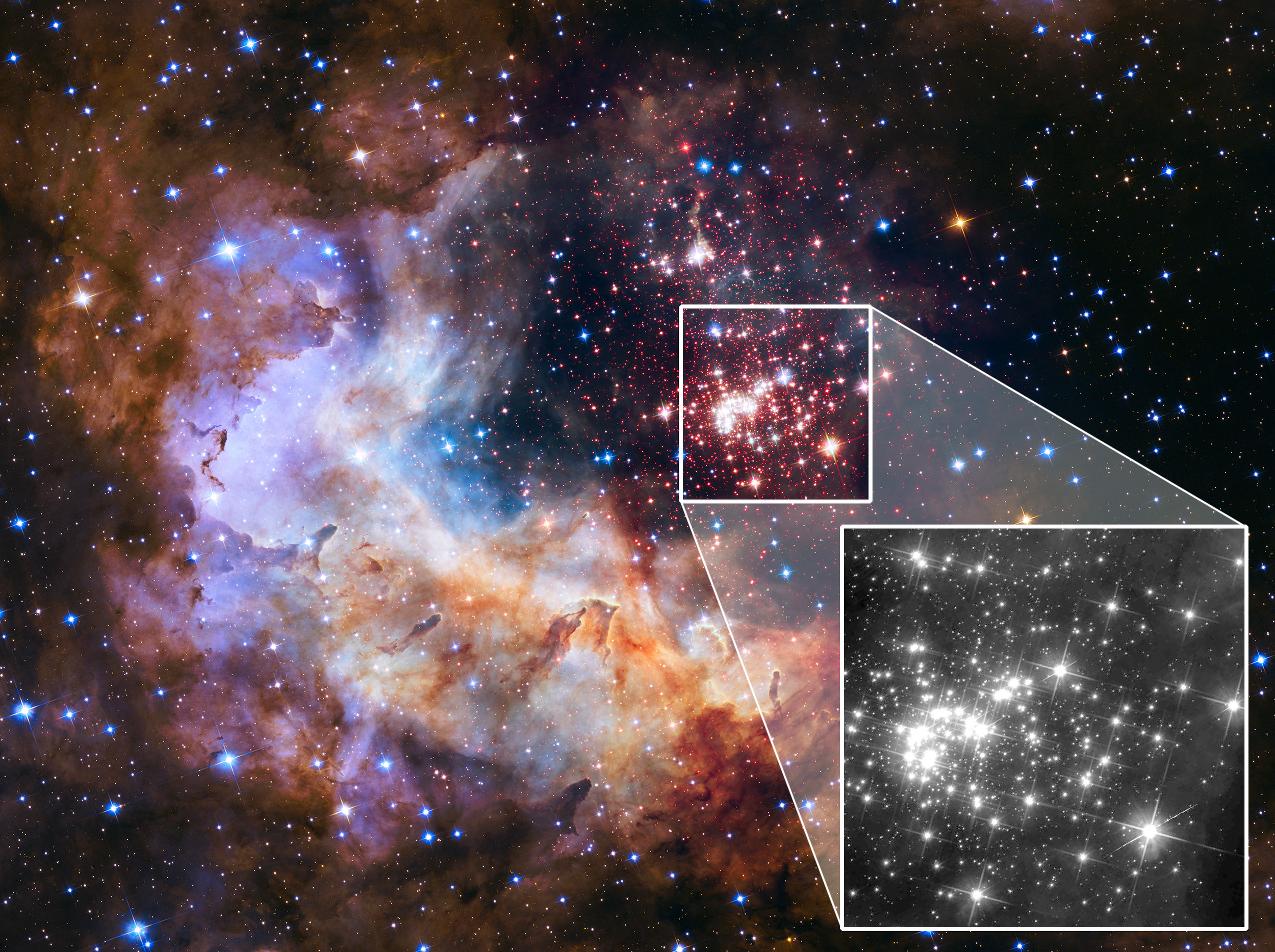 This image of the Westerlund 2 cluster includes both visible- and infrared-light observations from Hubble, and was released in 2015 as part of the Hubble Space Telescope's 25th anniversary. The highlighted area, featuring the cluster of stars, was created from visible-light and near-infrared exposures. The black-and-white zoomed portion shows a new image of the star cluster in only one infrared wavelength. This image was taken as part of astronomer Elena Sabbi’s preparatory science project, one of many such observations astronomers will use to identify potential targets for NASA’s James Webb Space Telescope. - Image Credits: NASA, ESA, the Hubble Heritage Team (STScI/AURA), A. Nota (ESA/STScI), E. Sabbi (ESA/STScI), and the Westerlund 2 Science Team