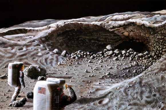 Artist’s impression of a surface exploration crew investigating a typical, small lava tunnel, to determine if it could serve as a natural shelter for the habitation modules of a Lunar Base. - Image Credit: NASA’s Johnson Space Center