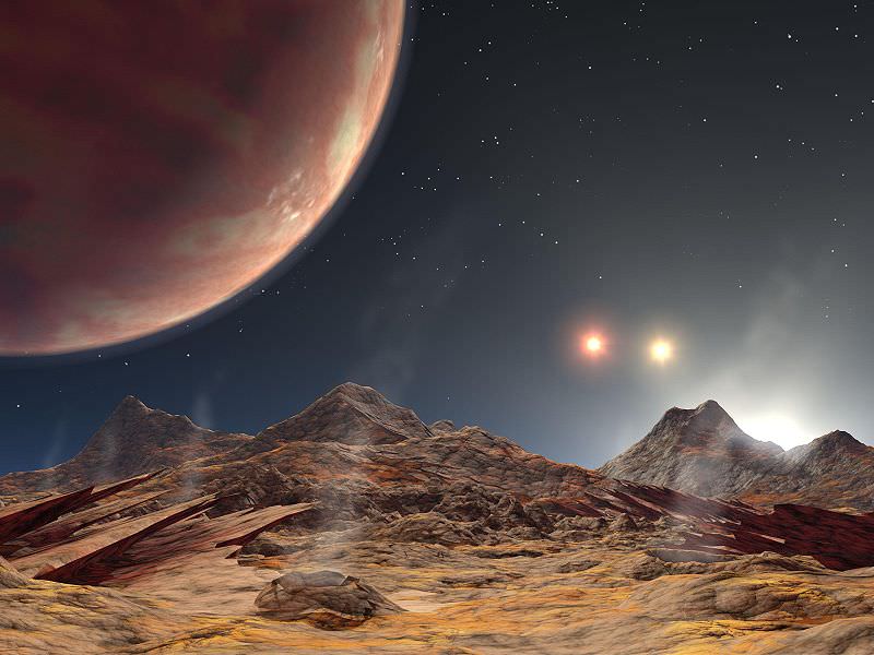 Artist’s impression of the view from a hypothetical moon around a exoplanet orbiting a triple star system. - Image Credit: NASA