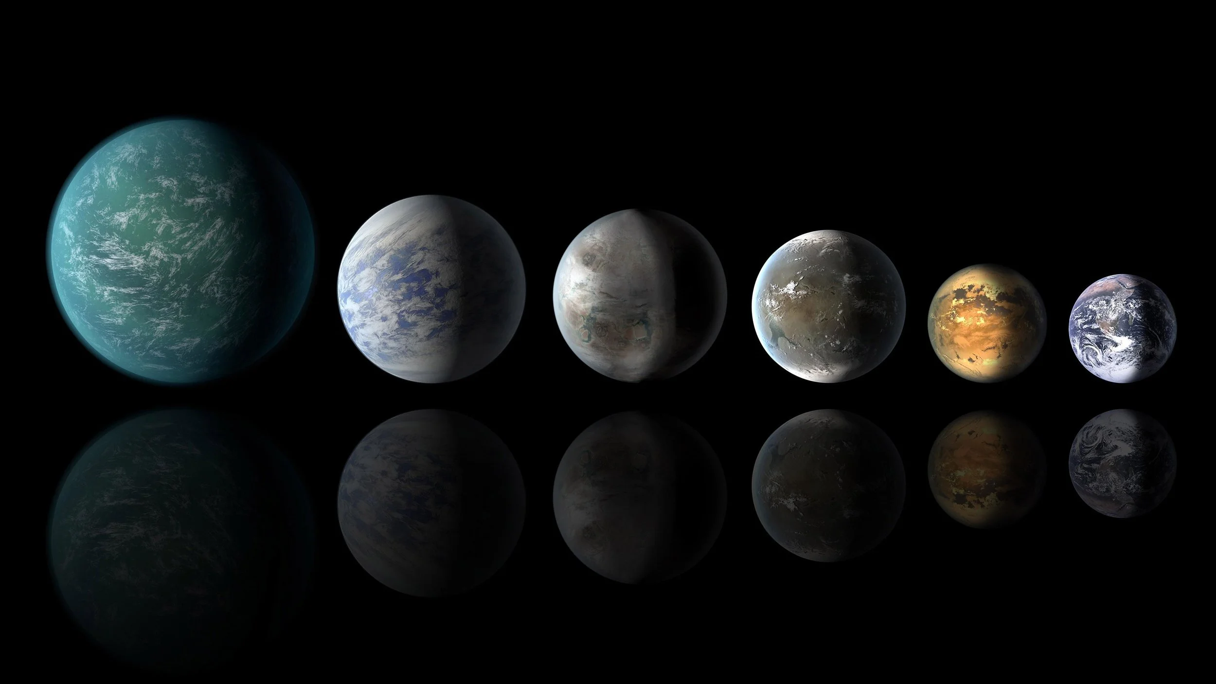 Exoplanets: Left to right: Kepler-22b, Kepler-69c, Kepler-62e, Kepler-62f and Earth (except for Earth, these are artists' concepts). - Image credit: NASA Ames/JPL-Caltech