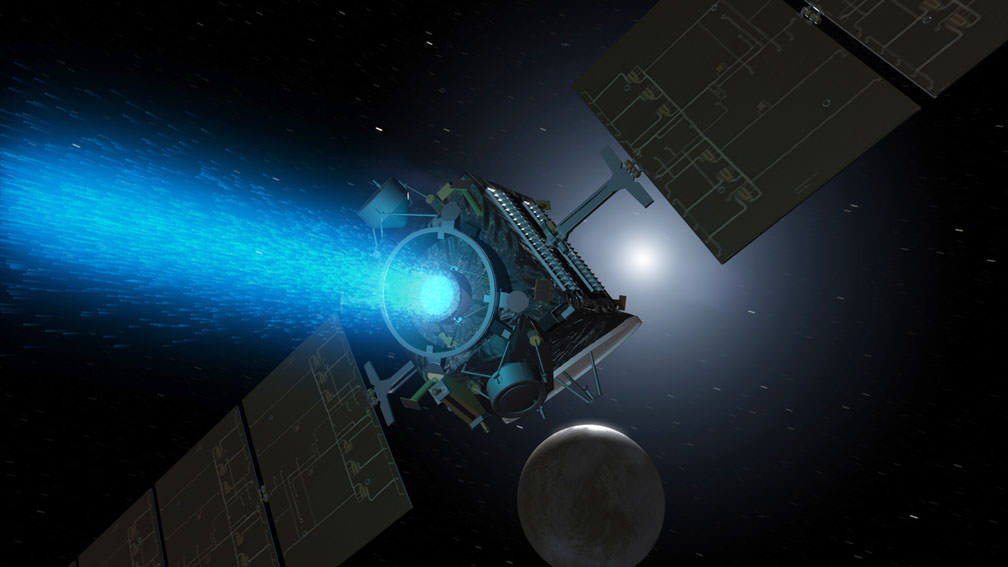 Artist’s concept of Dawn mission using its blue ion engine to reach Ceres in the distance. - Image Credit: NASA/JPL