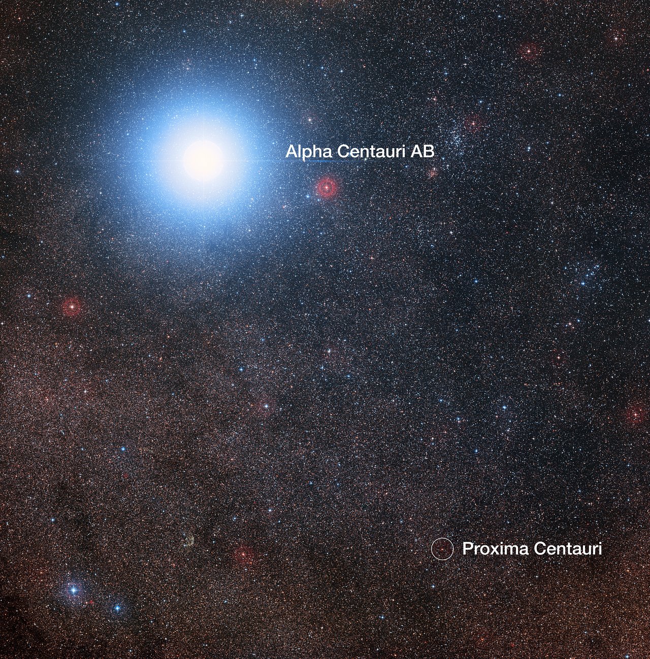 This image of the sky around the bright star Alpha Centauri AB also shows the much fainter red dwarf star, Proxima Centauri, the closest star to the Solar System. The picture was created from pictures forming part of the Digitized Sky Survey 2. The blue halo around Alpha Centauri AB is an artifact of the photographic process, the star is really pale yellow in colour like the Sun. Image Credit : Digitized Sky Survey 2, Acknowledgement: Davide De Martin/Mahdi Zamani