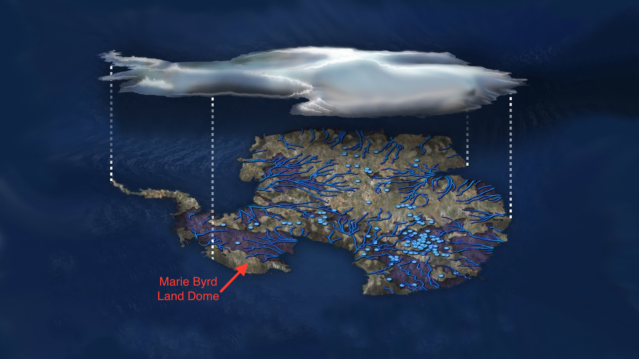 Illustration of flowing water under the Antarctic ice sheet. Blue dots indicate lakes, lines show rivers. Marie Byrd Land is part of the bulging "elbow" leading to the Antarctic Peninsula, left center. - Image Credit: NSF/Zina Deretsky