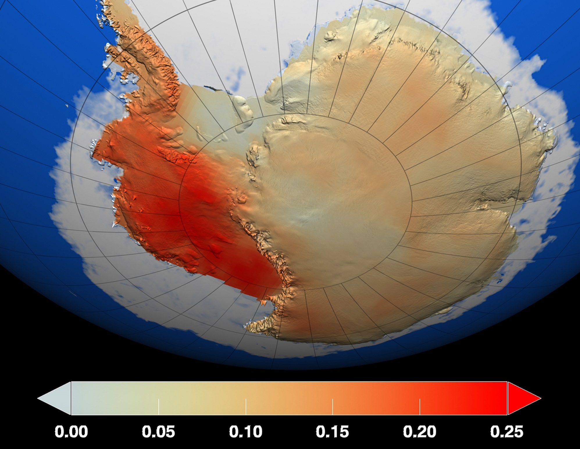 Temperature changes in the Antarctic ice sheet over the last 50 years, measured in degrees Celsius. - Image Credit: NASA/GSFC Scientific Visualization Studio