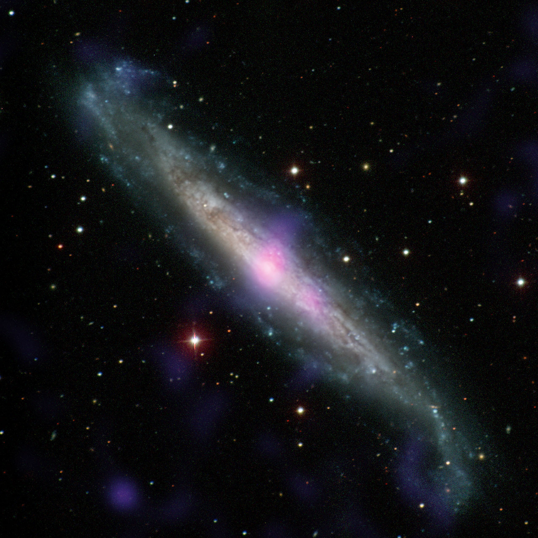 NGC 1448, a galaxy with an active galactic nucleus hidden by gas and dust, is seen in this image. - Image Credit: Carnegie-Irvine Galaxy Survey/NASA/JPL-Caltech