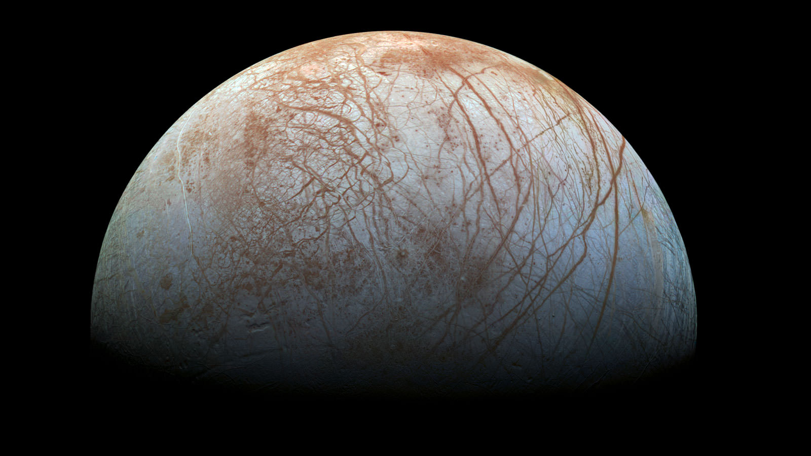 A “true color” image of the surface of Jupiter’s moon Europa as seen by the Galileo spacecraft. - Image credit: NASA/JPL-Caltech/SETI Institute