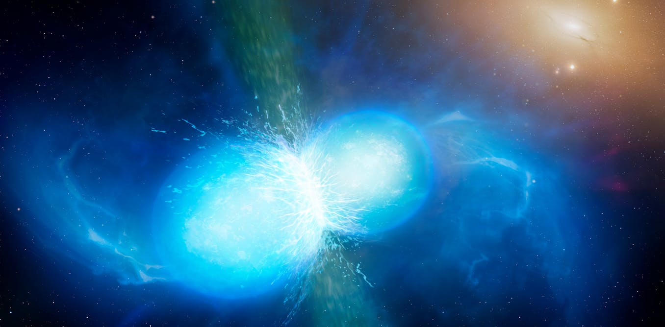 Artist s impression of merging neutron stars. - Image Credit University of Warwick/Mark Garlick, CC BY-SA
